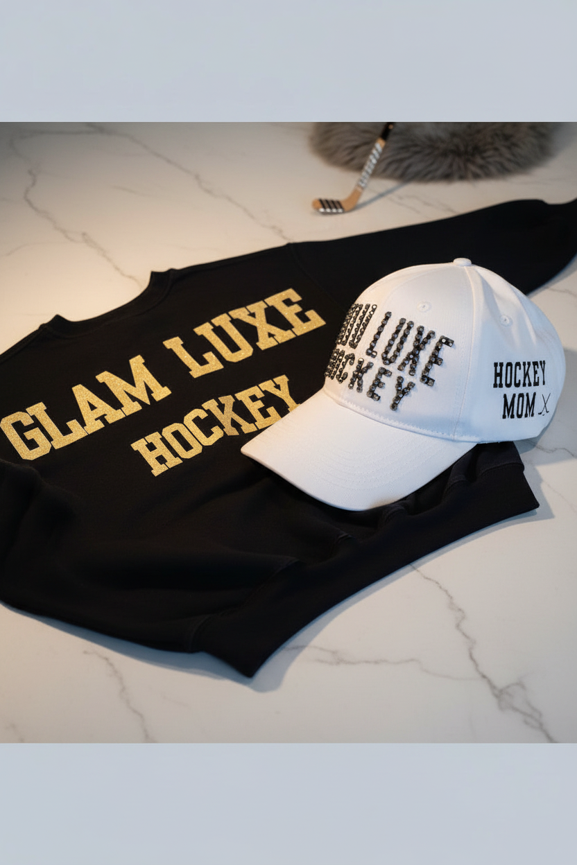 Glam Luxe Hockey Tryout Set with White Rhinestone Cap- without borders