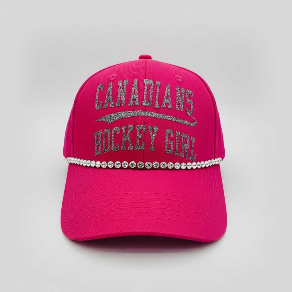 Canadians Hockey Girl Cap – hot pink baseball cap with silver glitter vinyl lettering, with rhinestone-trimmed brim by Sparkle & Slapshots