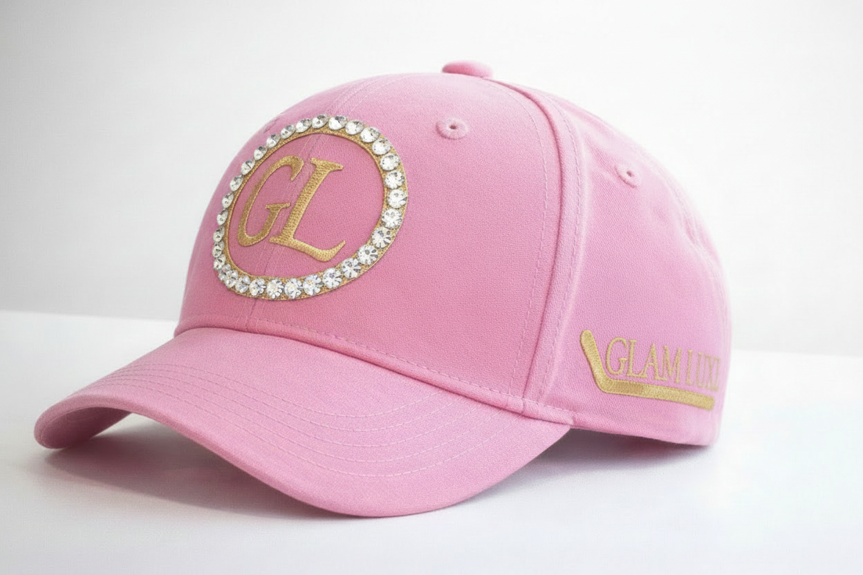 GL cap Glam Luxe Hockey™ Cap in pink with gold glitter GL monogram, double rhinestone crystal rings, and Glam Luxe with hockey stick accent — Sparkle & Slapshots

