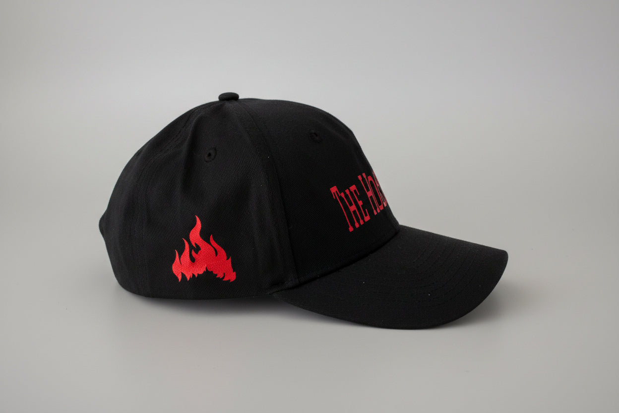 The Hockey Bros Cap lifestyle. Black or white adjustable hockey caps with red vinyl text by Sparkle & Slapshots. Red flames on both sides
