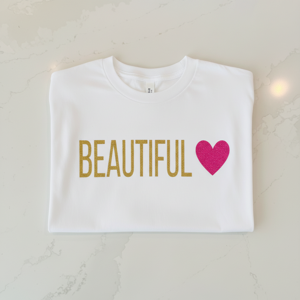 Beautiful Shirt - White with gold glitter and pink heart, no tags