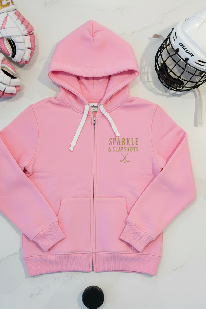 Girls' Sparkle & Slapshots Hoodie – Hockey Equipment Flat Lay