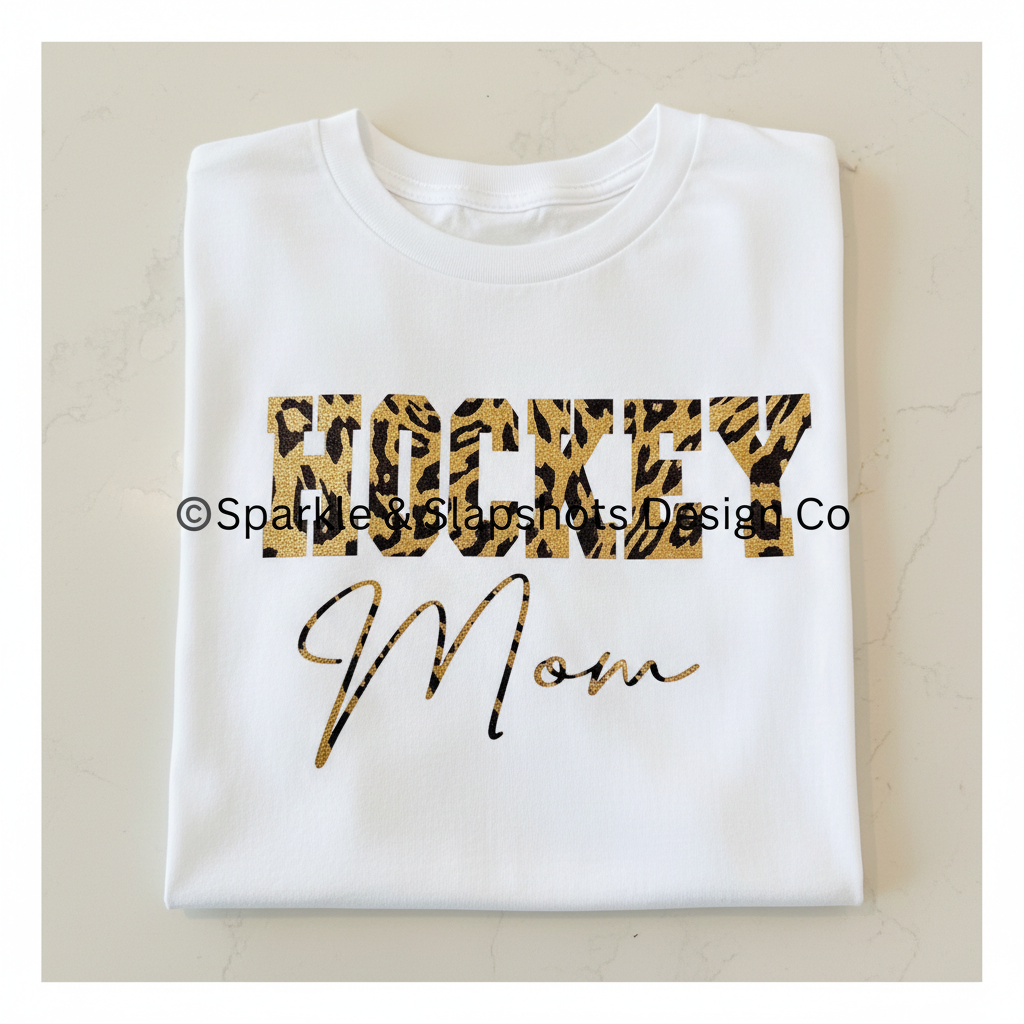 Hockey Mom with gold leopard text on white