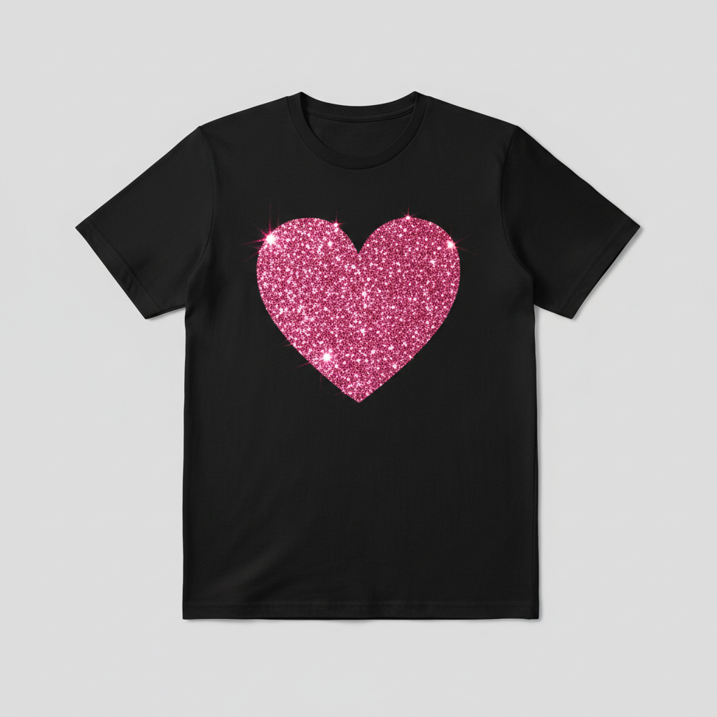 Love heart tee in pink glitter on black