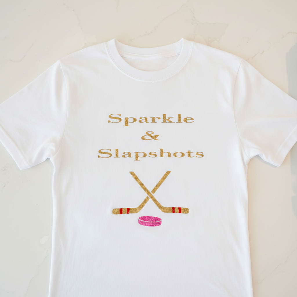 Sparkle & Slapshots on white with pink puck